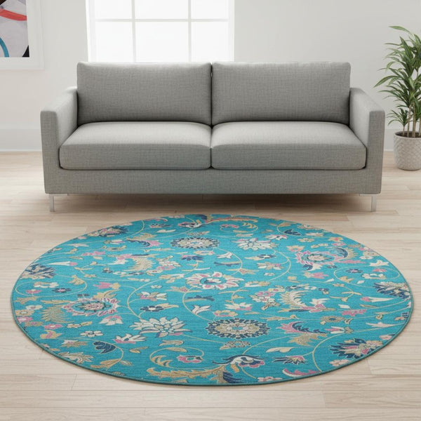 HomeRoots 8' Teal Pink Copper Floral Washable Round Rug - Durable, UV Protected, and Easy Care for Any Room 679009