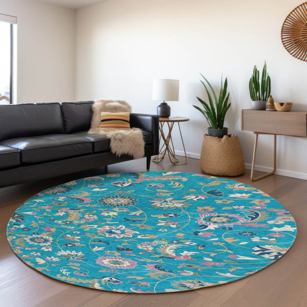 HomeRoots 8' Teal Pink Copper Floral Washable Round Rug - Durable, UV Protected, and Easy Care for Any Room 679009