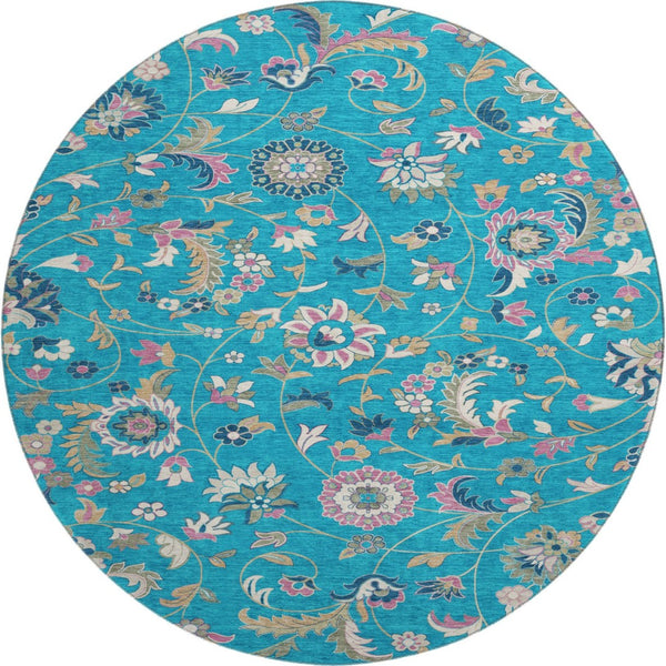 HomeRoots 8' Teal Pink Copper Floral Washable Round Rug - Durable, UV Protected, and Easy Care for Any Room 679009