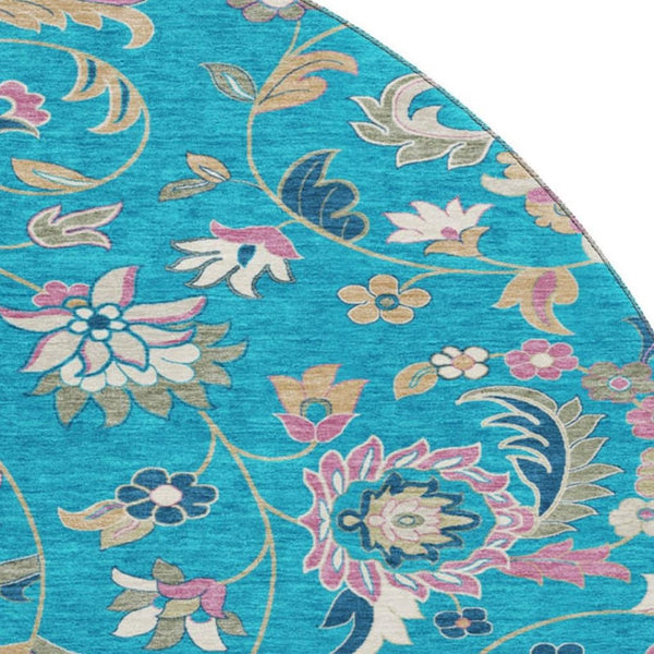HomeRoots 8' Teal Pink Copper Floral Washable Round Rug - Durable, UV Protected, and Easy Care for Any Room 679009