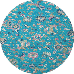 HomeRoots 8' Teal Pink Copper Floral Washable Round Rug - Durable, UV Protected, and Easy Care for Any Room 679009