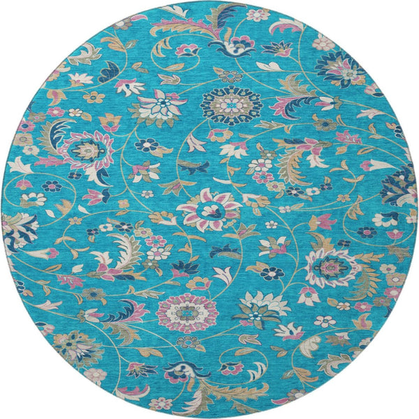 HomeRoots 8' Teal Pink Copper Floral Washable Round Rug - Durable, UV Protected, and Easy Care for Any Room 679009