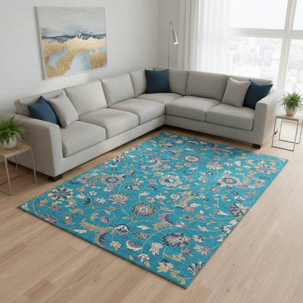 HomeRoots 8' X 10' Vibrant Teal Pink Copper Floral Area Rug - Washable, UV-Protected, Stain-Resistant Elegance 679010
