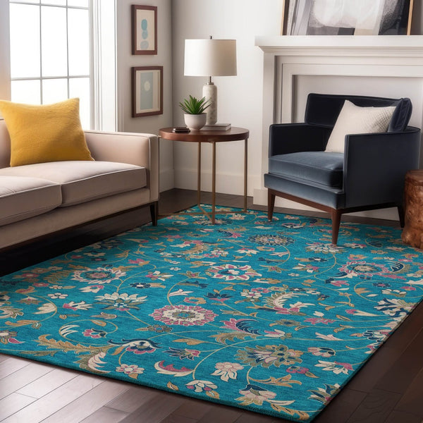 HomeRoots 8' X 10' Vibrant Teal Pink Copper Floral Area Rug - Washable, UV-Protected, Stain-Resistant Elegance 679010