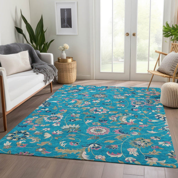 HomeRoots 8' X 10' Vibrant Teal Pink Copper Floral Area Rug - Washable, UV-Protected, Stain-Resistant Elegance 679010