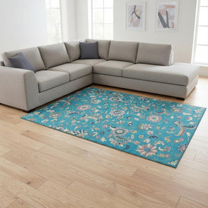 HomeRoots 9' X 12' Vibrant Teal Pink Copper Floral Area Rug - Washable, UV Protected, Stain Resistant Design 679011