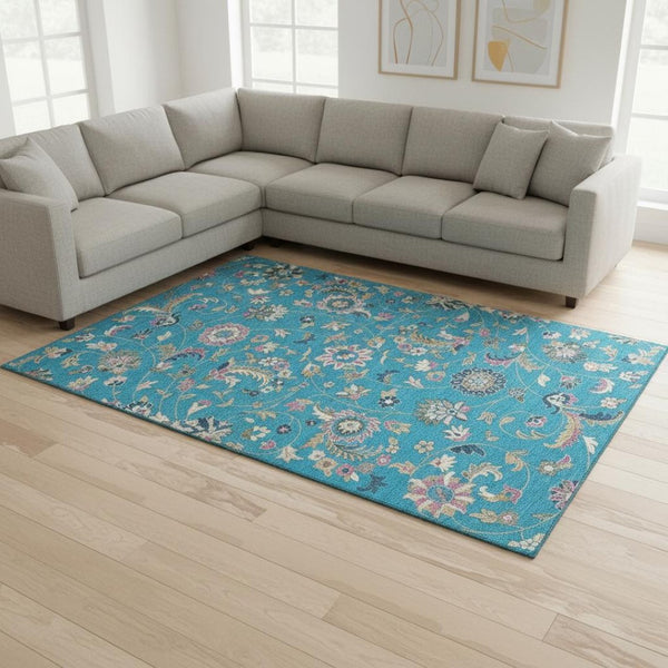HomeRoots 10' Vibrant Teal Pink Copper Floral Area Rug - Washable, Stain Resistant, UV Protected for Durability 679012