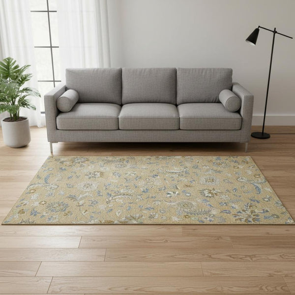 HomeRoots 5' X 8' Floral Area Rug in Wheat, Blue & Beige – Washable, Stain-Resistant, UV-Protected Design! 679014