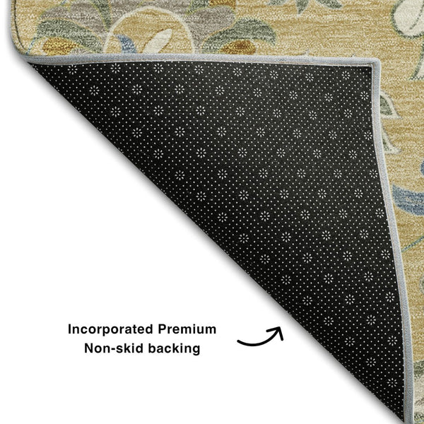 HomeRoots 5' X 8' Floral Area Rug in Wheat, Blue & Beige – Washable, Stain-Resistant, UV-Protected Design! 679014