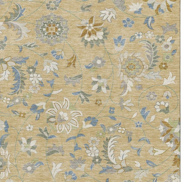 HomeRoots 5' X 8' Floral Area Rug in Wheat, Blue & Beige – Washable, Stain-Resistant, UV-Protected Design! 679014