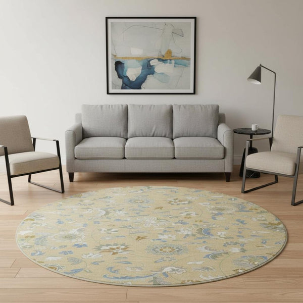 HomeRoots 8' Washable Round Rug in Wheat, Blue & Beige Floral Design - UV Protection & Stain-Resistant Durability 679015