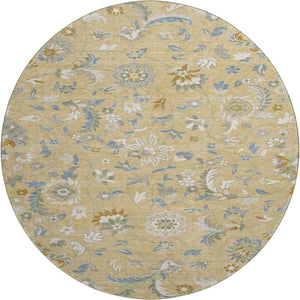 HomeRoots 8' Washable Round Rug in Wheat, Blue & Beige Floral Design - UV Protection & Stain-Resistant Durability 679015
