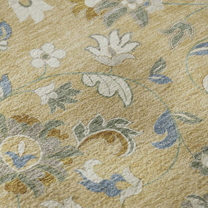 HomeRoots 8' Washable Round Rug in Wheat, Blue & Beige Floral Design - UV Protection & Stain-Resistant Durability 679015