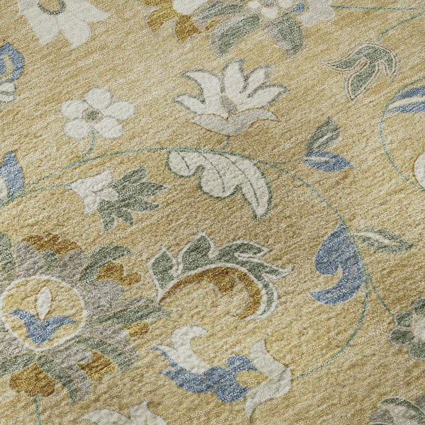 HomeRoots 8' Washable Round Rug in Wheat, Blue & Beige Floral Design - UV Protection & Stain-Resistant Durability 679015