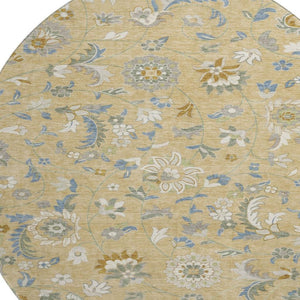 HomeRoots 8' Washable Round Rug in Wheat, Blue & Beige Floral Design - UV Protection & Stain-Resistant Durability 679015