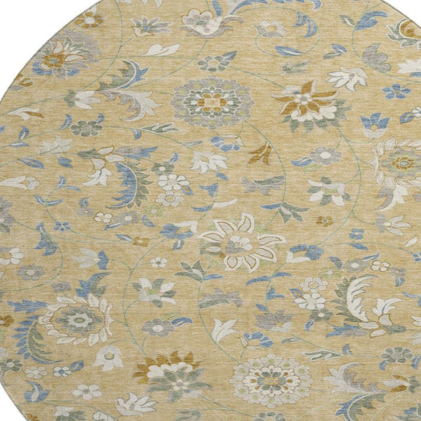 HomeRoots 8' Washable Round Rug in Wheat, Blue & Beige Floral Design - UV Protection & Stain-Resistant Durability 679015