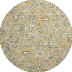 HomeRoots 8' Washable Round Rug in Wheat, Blue & Beige Floral Design - UV Protection & Stain-Resistant Durability 679015