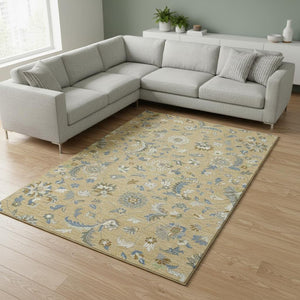 HomeRoots 8' X 10' Floral Area Rug in Wheat, Blue & Beige - Washable, UV Protected & Perfect for Busy Homes 679016