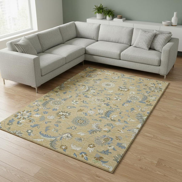 HomeRoots 8' X 10' Floral Area Rug in Wheat, Blue & Beige - Washable, UV Protected & Perfect for Busy Homes 679016