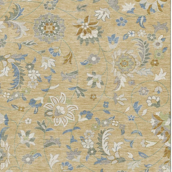 HomeRoots 8' X 10' Floral Area Rug in Wheat, Blue & Beige - Washable, UV Protected & Perfect for Busy Homes 679016