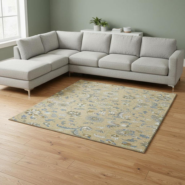 HomeRoots 9' X 12' Elegant Wheat Blue Beige Floral Washable Area Rug with UV Protection for Any Space 679017