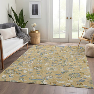 HomeRoots 9' X 12' Elegant Wheat Blue Beige Floral Washable Area Rug with UV Protection for Any Space 679017