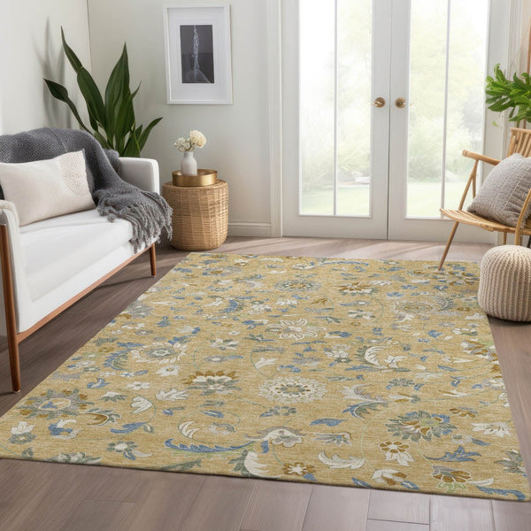 HomeRoots 9' X 12' Elegant Wheat Blue Beige Floral Washable Area Rug with UV Protection for Any Space 679017
