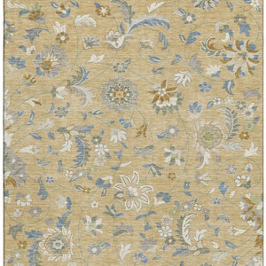 HomeRoots 9' X 12' Elegant Wheat Blue Beige Floral Washable Area Rug with UV Protection for Any Space 679017