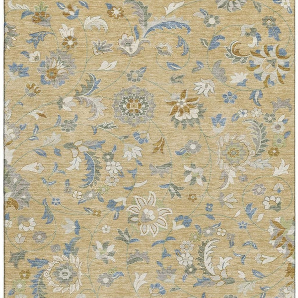 HomeRoots 9' X 12' Elegant Wheat Blue Beige Floral Washable Area Rug with UV Protection for Any Space 679017