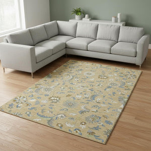 HomeRoots 10' Wheat Blue & Beige Floral Area Rug - Washable, UV Protected, Perfect for Family Rooms & Dining Spaces 679018