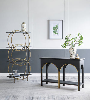 English Elm 47.2x15.7x31.9" Matte Black Wood Console Table with Arched Legs Gold Accents Shelf W2078P476728