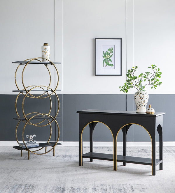 English Elm 47.2x15.7x31.9" Matte Black Wood Console Table with Arched Legs Gold Accents Shelf W2078P476728