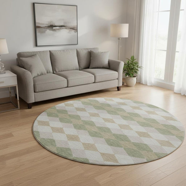 HomeRoots 8' Artichoke Green Ivory Taupe Geometric Washable Round Rug - Stylish, Durable & UV Protected 679021