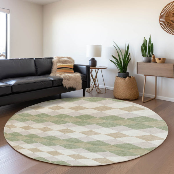 HomeRoots 8' Artichoke Green Ivory Taupe Geometric Washable Round Rug - Stylish, Durable & UV Protected 679021