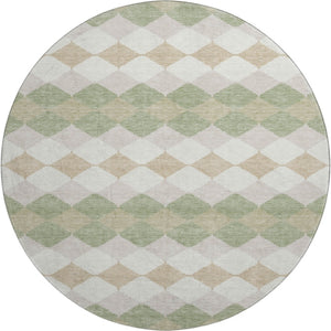 HomeRoots 8' Artichoke Green Ivory Taupe Geometric Washable Round Rug - Stylish, Durable & UV Protected 679021