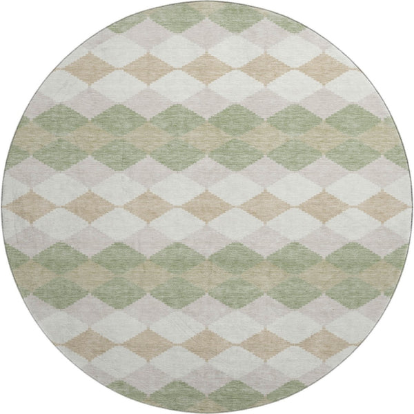 HomeRoots 8' Artichoke Green Ivory Taupe Geometric Washable Round Rug - Stylish, Durable & UV Protected 679021