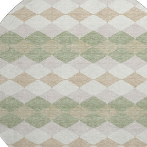 HomeRoots 8' Artichoke Green Ivory Taupe Geometric Washable Round Rug - Stylish, Durable & UV Protected 679021