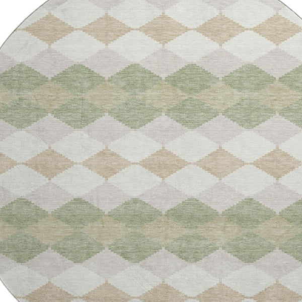 HomeRoots 8' Artichoke Green Ivory Taupe Geometric Washable Round Rug - Stylish, Durable & UV Protected 679021
