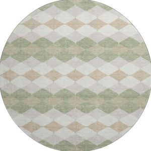 HomeRoots 8' Artichoke Green Ivory Taupe Geometric Washable Round Rug - Stylish, Durable & UV Protected 679021