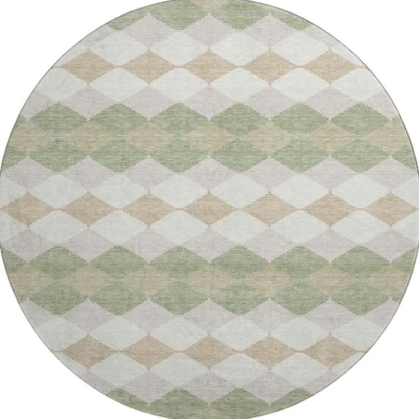 HomeRoots 8' Artichoke Green Ivory Taupe Geometric Washable Round Rug - Stylish, Durable & UV Protected 679021