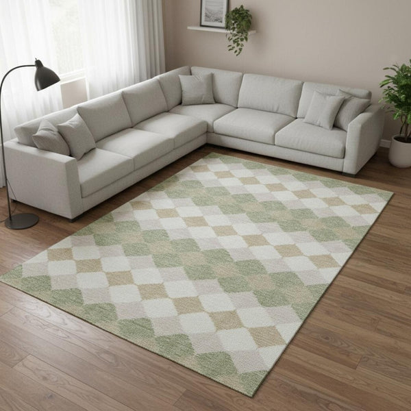 HomeRoots 8' X 10' Artichoke Green Ivory Taupe Geometric Area Rug – Washable, UV Protected & Stain Resistant! 679022