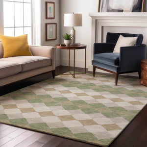 HomeRoots 8' X 10' Artichoke Green Ivory Taupe Geometric Area Rug – Washable, UV Protected & Stain Resistant! 679022