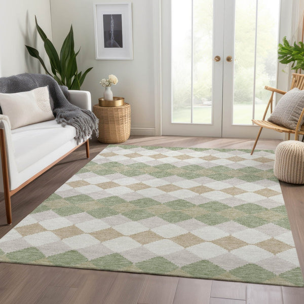 HomeRoots 8' X 10' Artichoke Green Ivory Taupe Geometric Area Rug – Washable, UV Protected & Stain Resistant! 679022