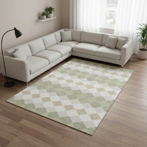 HomeRoots 9' X 12' Modern Artichoke Green Geometric Area Rug – Washable, UV Protected, Stain-Resistant Style! 679023