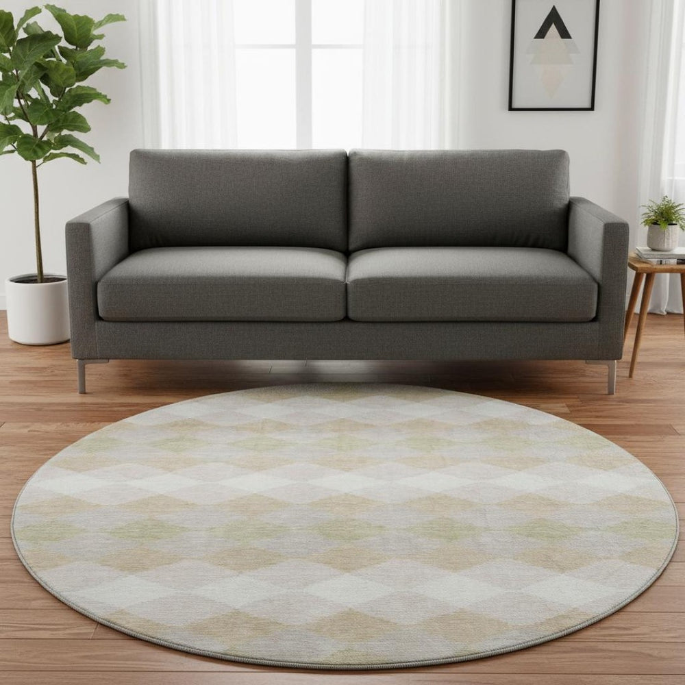 HomeRoots 8' Beige Taupe & Ivory Geometric Round Rug - Washable, UV-Protected, Durable for Homes with Kids & Pets 679027