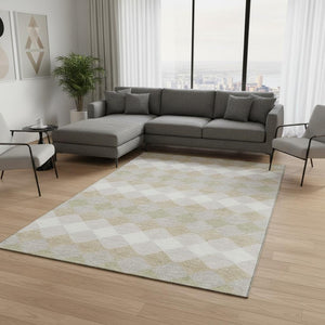 HomeRoots 9' X 12' Washable Area Rug in Beige Taupe & Ivory - Geometric Design with UV Protection & Durability 679029