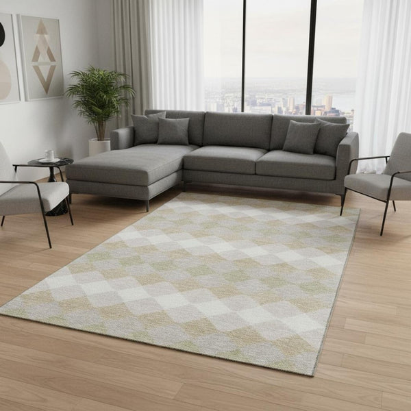 HomeRoots 9' X 12' Washable Area Rug in Beige Taupe & Ivory - Geometric Design with UV Protection & Durability 679029