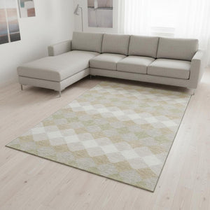 HomeRoots 10' X 14' Washable Beige Taupe Ivory Geometric Area Rug with UV Protection for Modern Spaces 679030