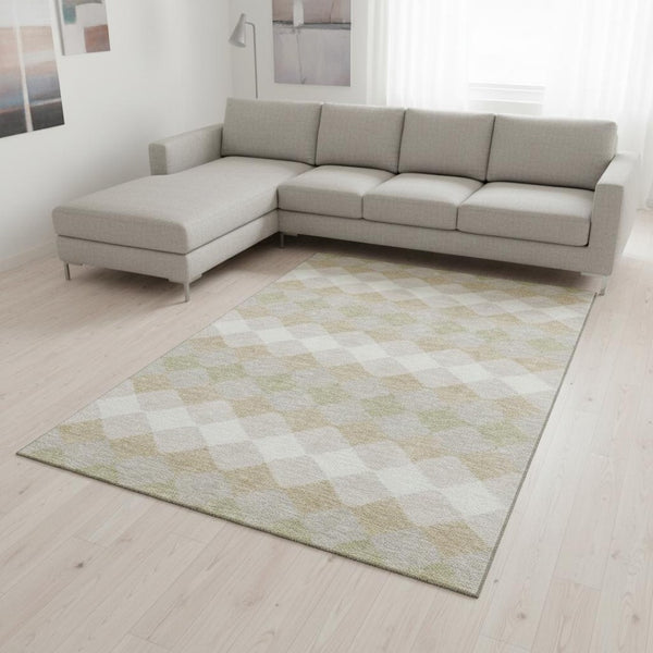 HomeRoots 10' X 14' Washable Beige Taupe Ivory Geometric Area Rug with UV Protection for Modern Spaces 679030