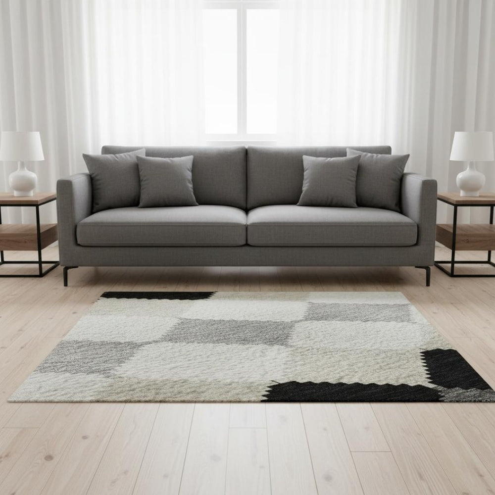 HomeRoots 5' X 8' Stylish Black, Gray & Ivory Geometric Area Rug - Washable, UV Protected & Stain-Resistant 679032